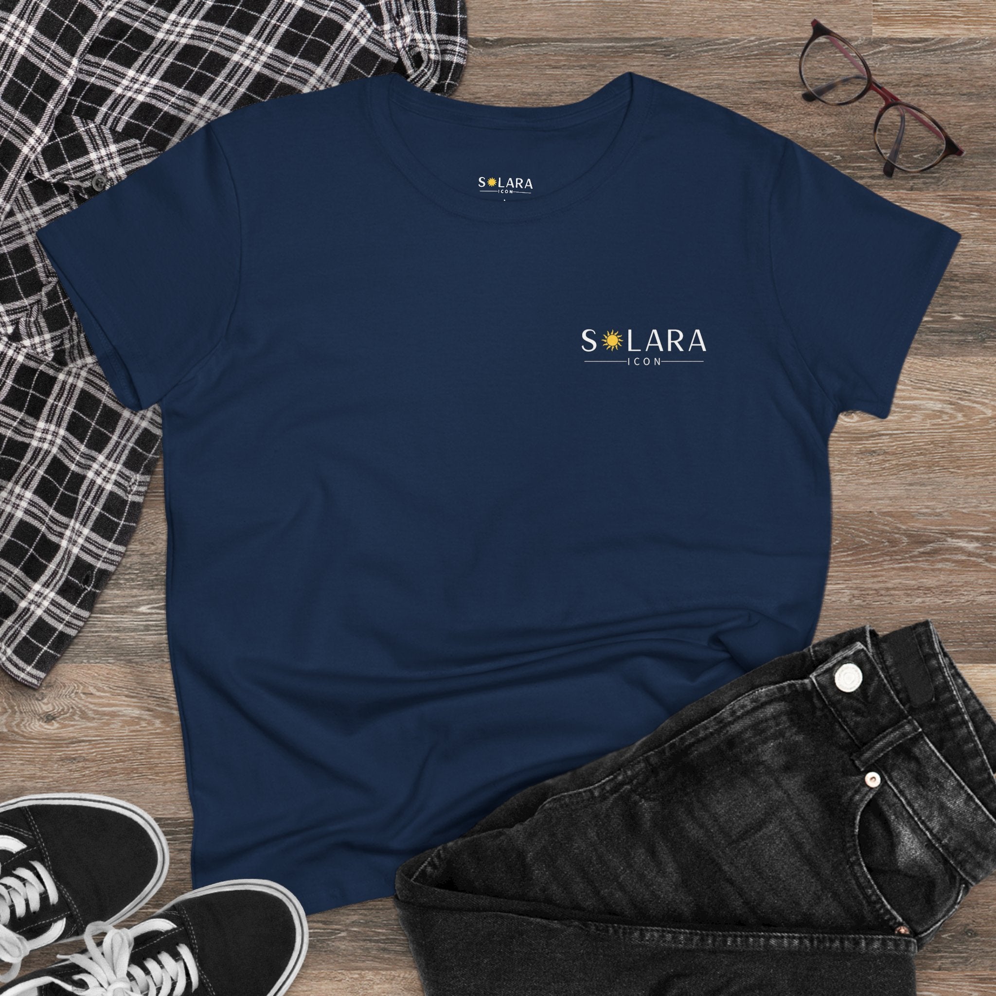 Solar Inspired Women's Midweight Cotton Tee, Stylish Black T-Shirt, Casual Wear, Everyday Fashion, Gift for Her, Summer Essential
