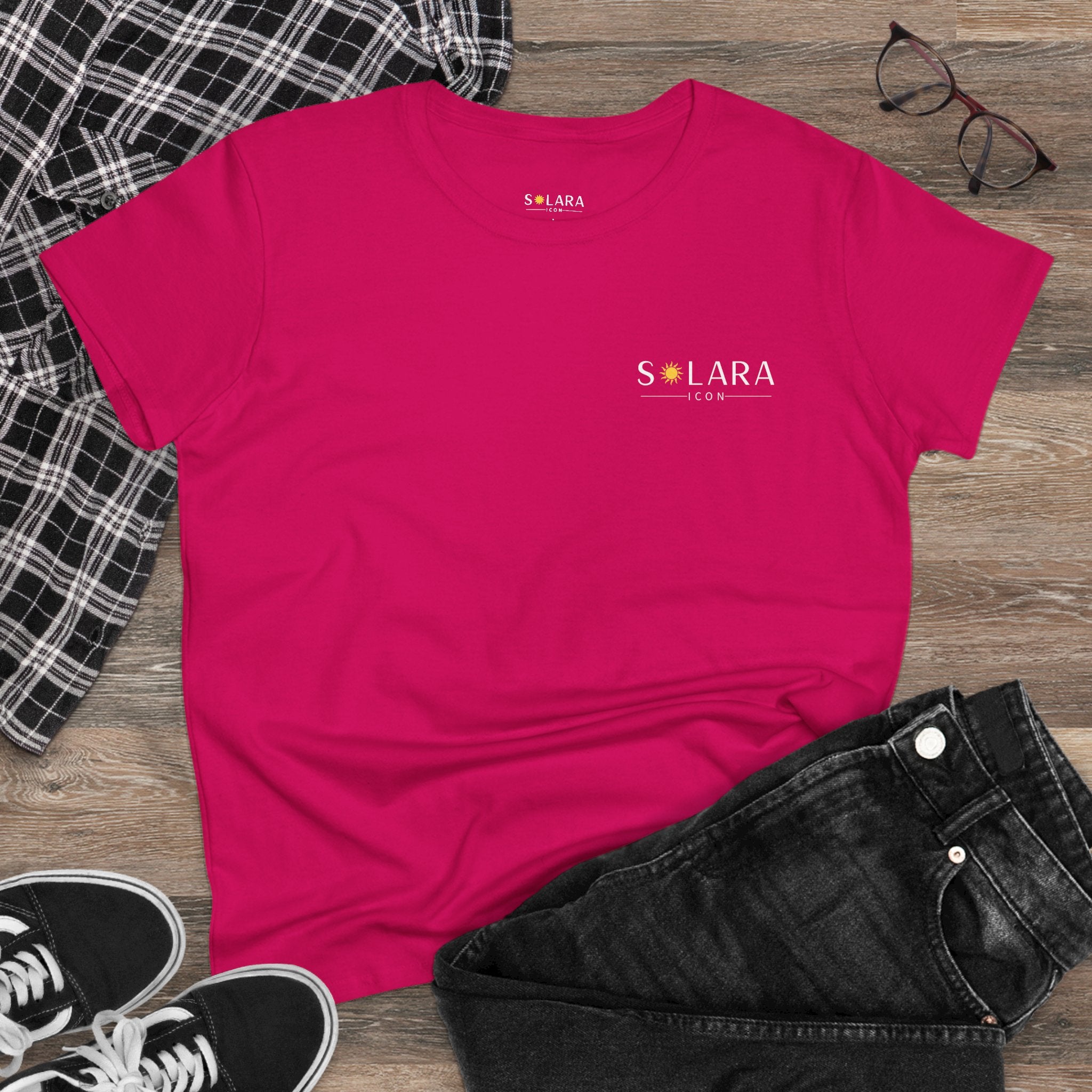 Solar Inspired Women's Midweight Cotton Tee, Stylish Black T-Shirt, Casual Wear, Everyday Fashion, Gift for Her, Summer Essential