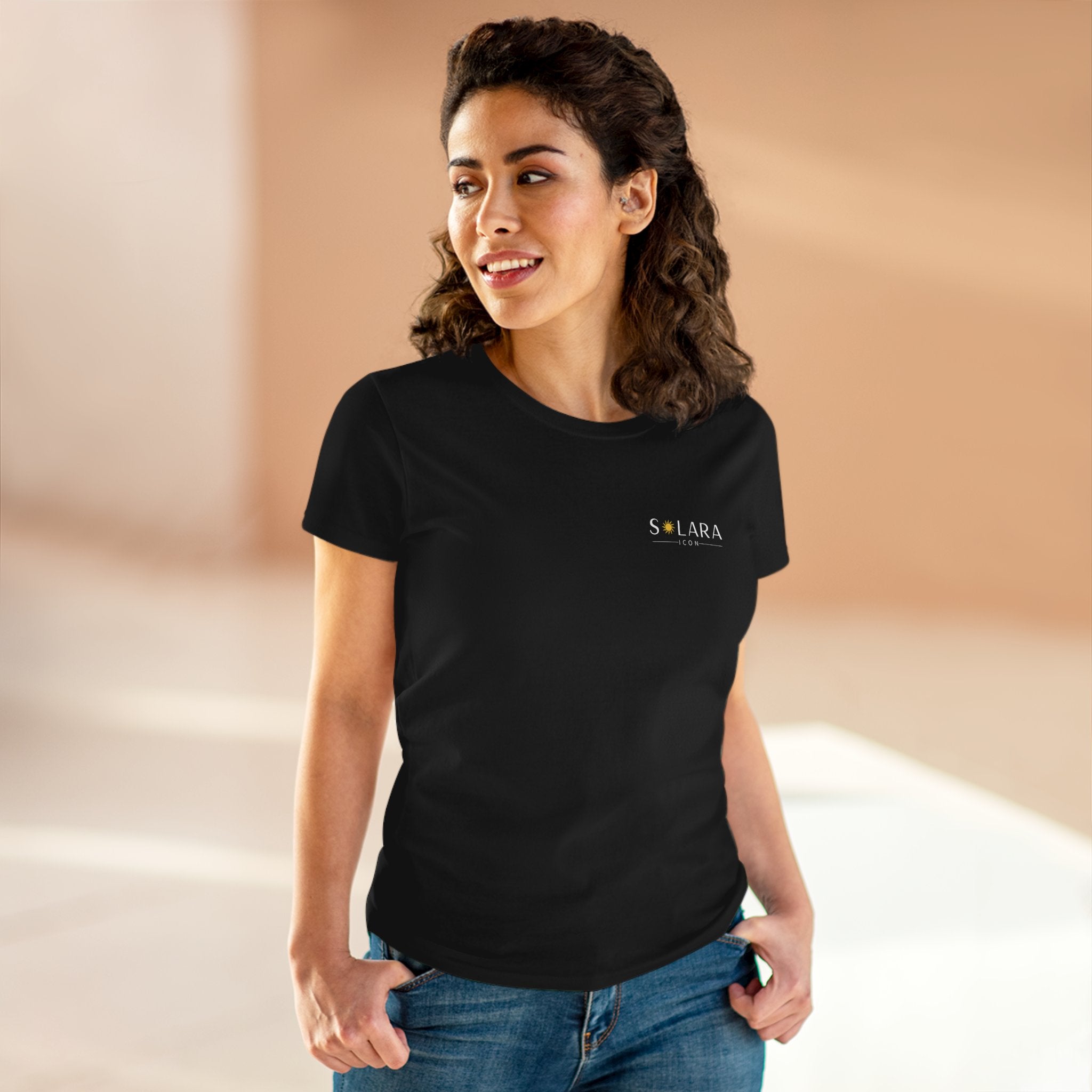 Solar Inspired Women's Midweight Cotton Tee, Stylish Black T-Shirt, Casual Wear, Everyday Fashion, Gift for Her, Summer Essential