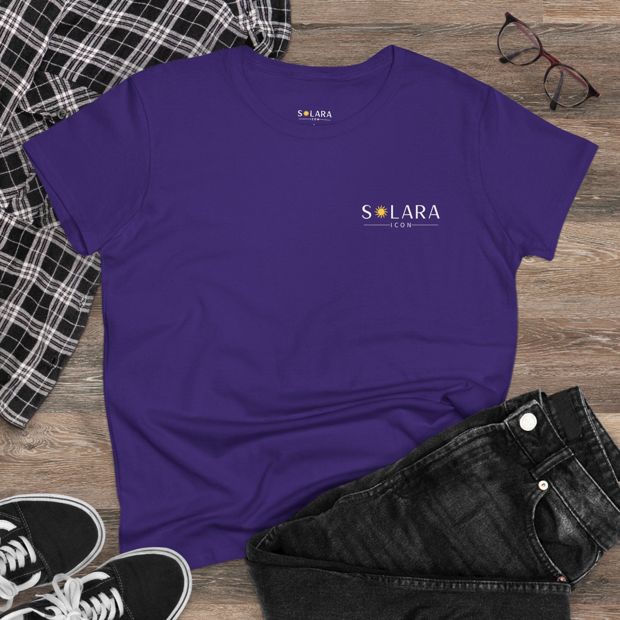 Solar Inspired Women's Midweight Cotton Tee, Stylish Black T-Shirt, Casual Wear, Everyday Fashion, Gift for Her, Summer Essential