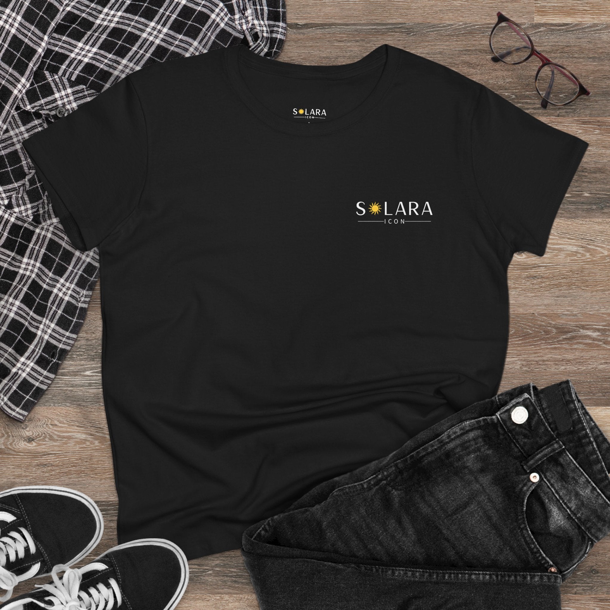 Solar Inspired Women's Midweight Cotton Tee, Stylish Black T-Shirt, Casual Wear, Everyday Fashion, Gift for Her, Summer Essential